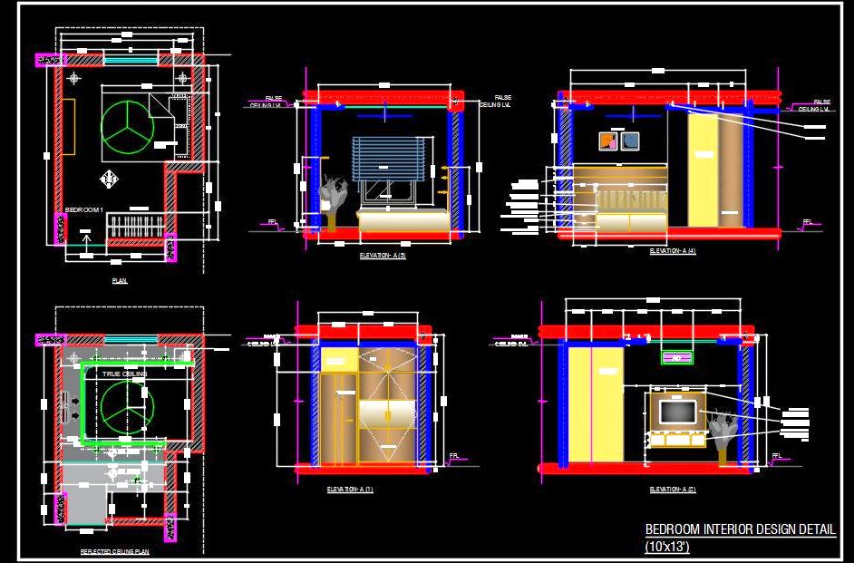 Bedroom Interior CAD Drawing- Plan and Elevations